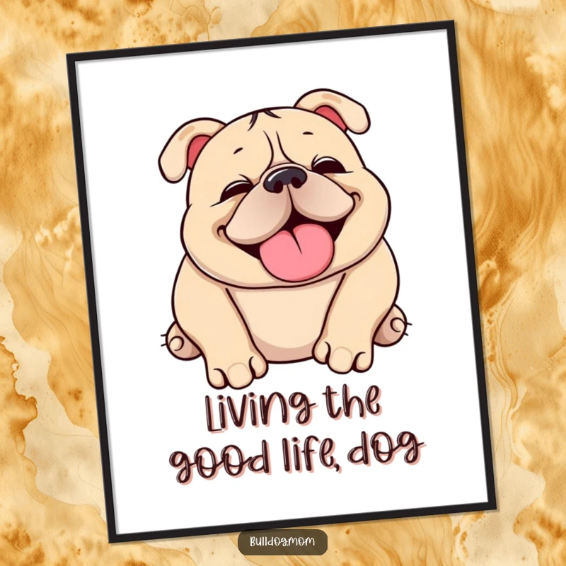 Funny Free Printable Wall Art: A joyful Kawaii bulldog is rolling over, making a funny snorting sound, pure happy chaos.