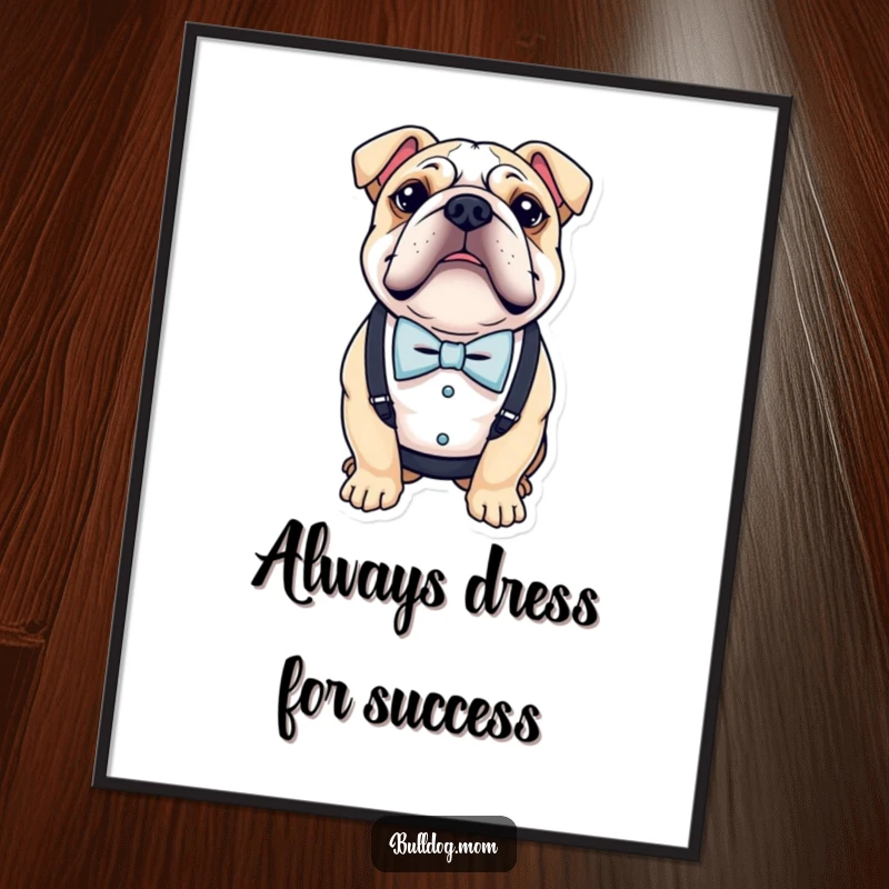 Funny Free Printable Wall Art of a bulldog dressed smartly in a tiny bow tie and suspenders.