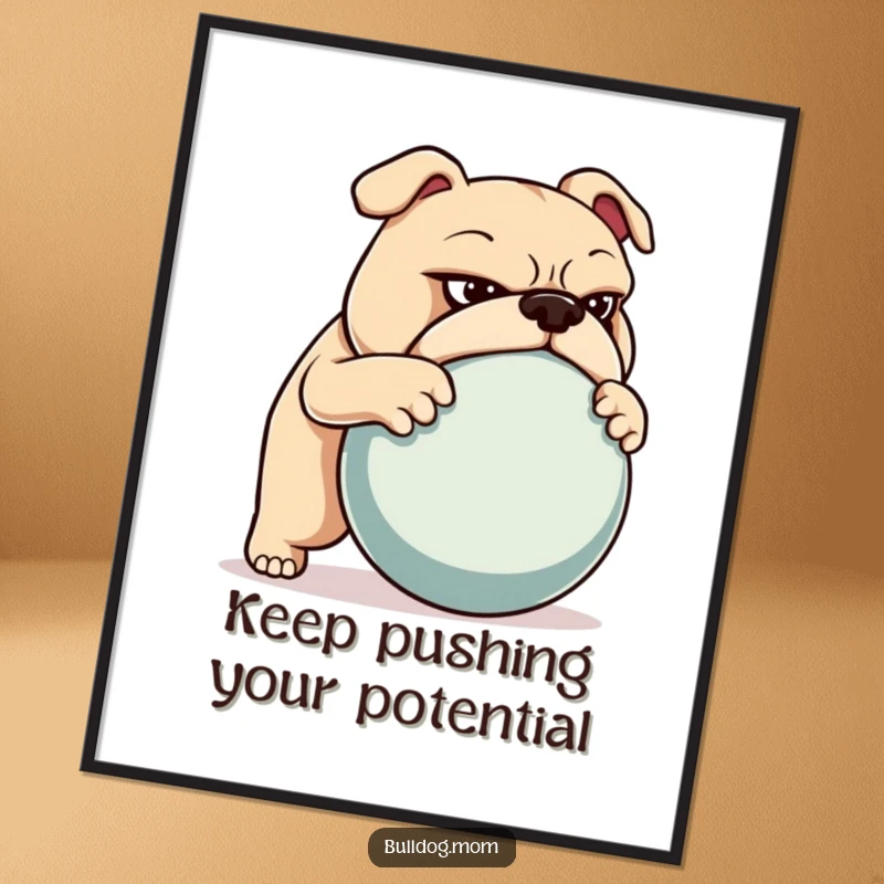 Funny Free Printable Wall Art of a bulldog with a determined expression, pushing a massive ball.