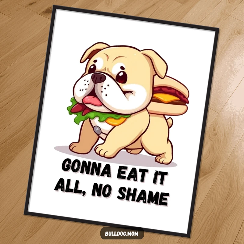 Funny Free Printable Bulldog Wall Art: A determined bulldog happily waddling with a large sandwich, bringing a comical and charming vibe to decor.