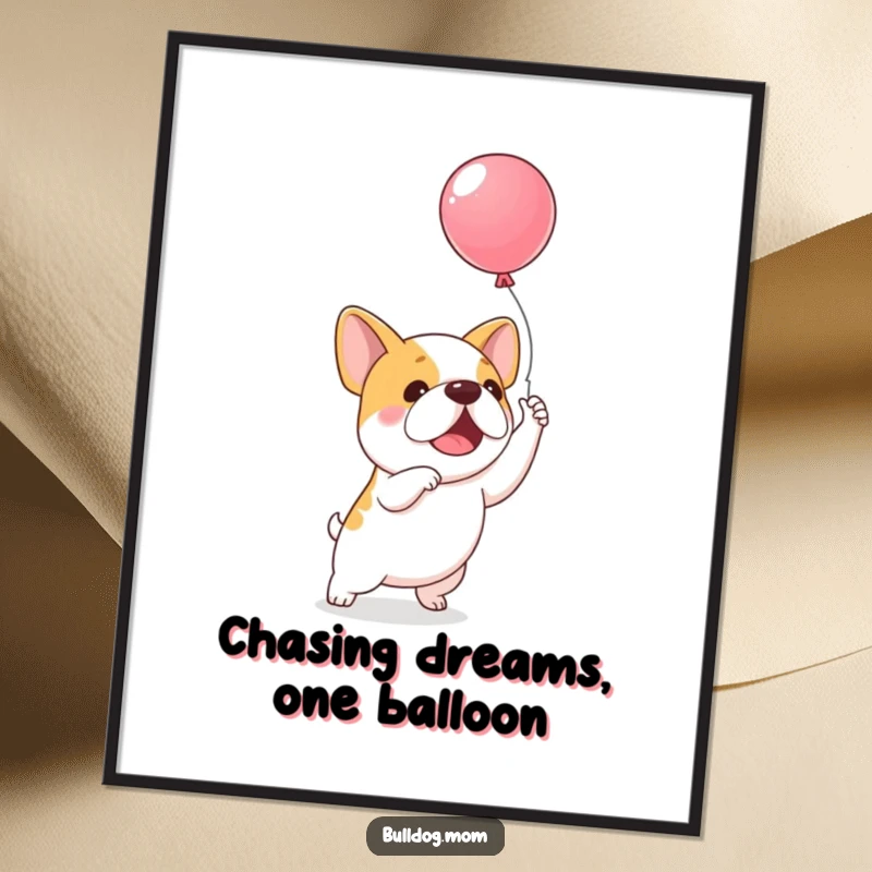 Funny Free Printable Wall Art: Kawaii bulldog excitedly leaping to catch a floating balloon, embodying happiness.