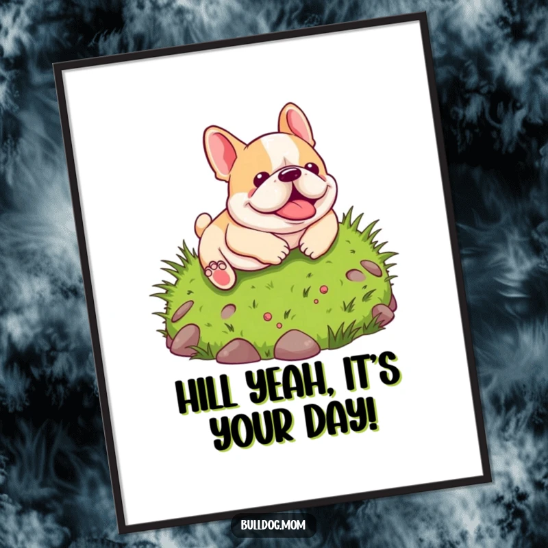 Funny Free Printable Wall Art: Kawaii bulldog playfully rolling down a lush green hill, pure joy and freedom.