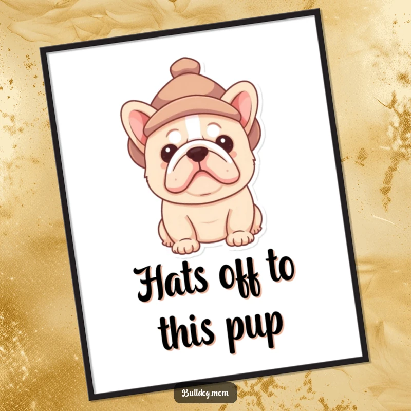 Funny Free Printable Wall Art of a fluffy Bulldog pup peeking out from under a comically small, tilted hat.