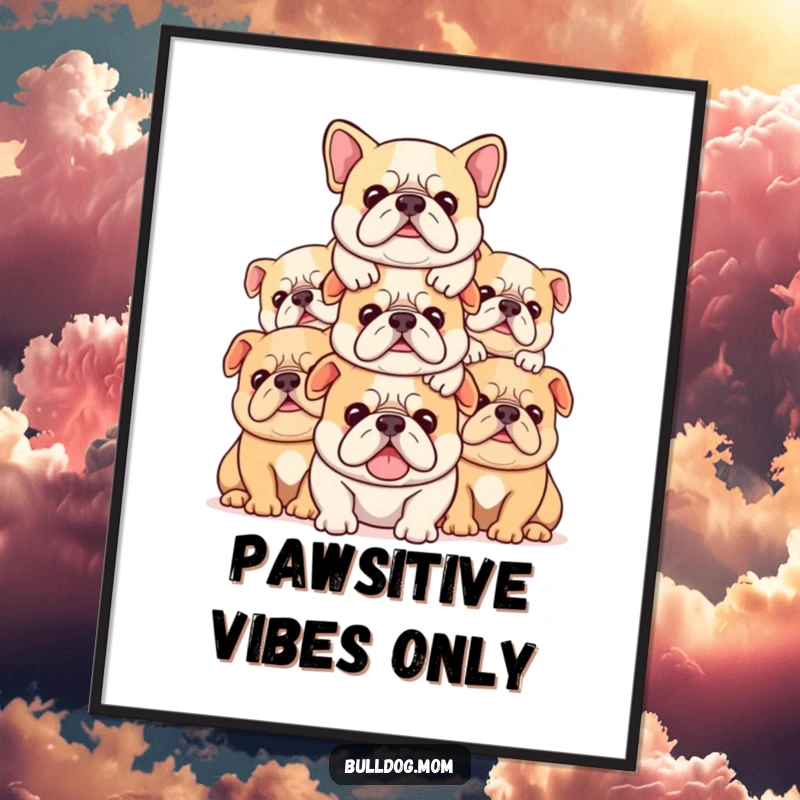 Funny Free Printable Wall Art: A stack of adorable Kawaii bulldogs are piled contentedly, creating a sweet and humorous scene.