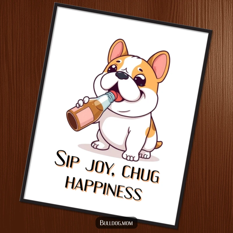 Funny Free Printable Bulldog Wall Art: Happy dog character happily chugging from a tiny bottle, with a look of pure bliss.