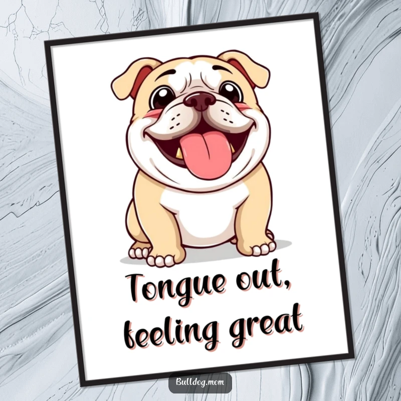 Funny Free Printable Bulldog Wall Art: A bulldog enthusiastically pants with its tongue lolling out, capturing pure joy and happy energy.