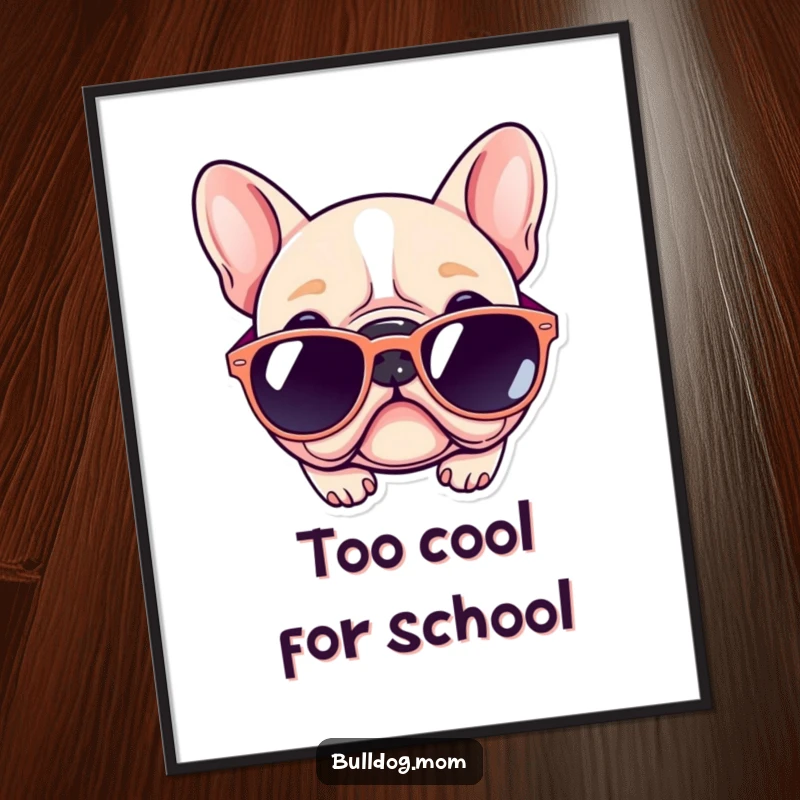 Funny Free Printable Wall Art: Kawaii bulldog sporting gigantic sunglasses, trying to look cool.