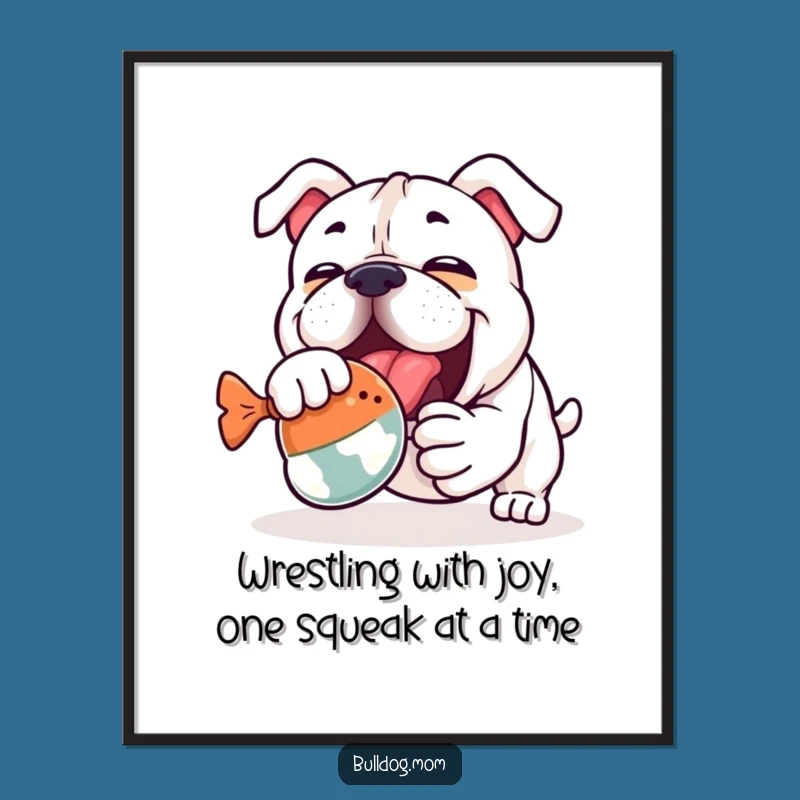 Free Printable Wall Art: Funny Kawaii Bulldog Enthusiastically Wrestling Toy, Downloadable Gift