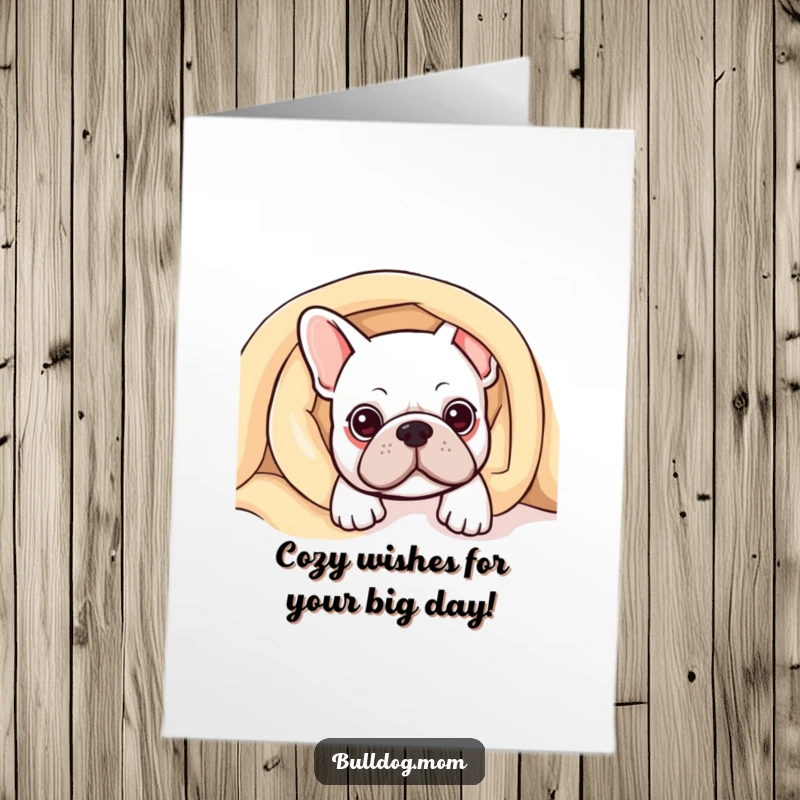 Funny Free Printable birthday card showing a kawaii bulldog peeking out from under a cozy blanket, full of warmth and love. Cute and snug.
