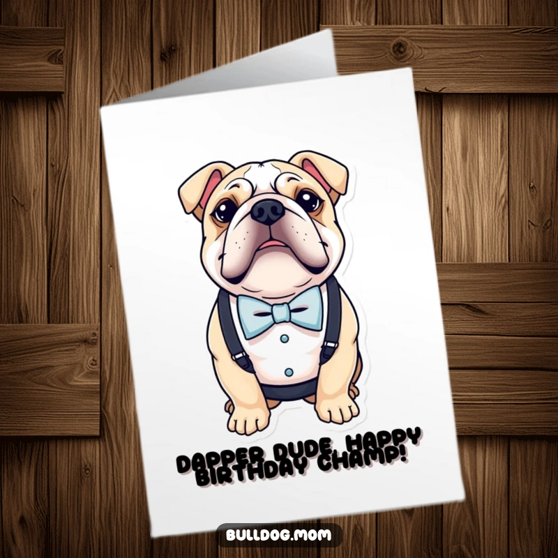 Funny Free Printable Birthday Card: A bulldog looking smart in a tiny bow tie and suspenders.