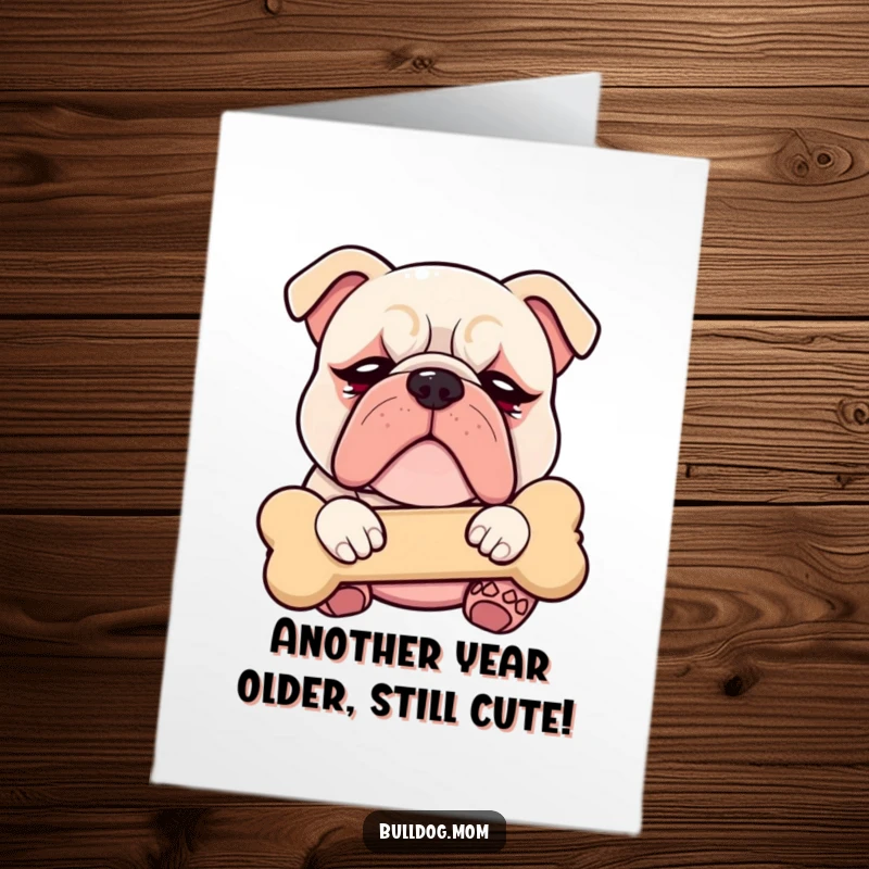 Funny Free Printable Birthday Card of a kawaii bulldog with droopy eyes blissfully hugging a plush bone, ready for a laugh.