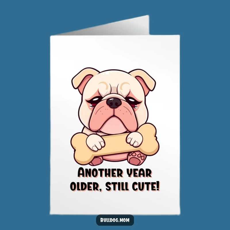 Free Printable Birthday Card: Droopy Eyed Kawaii Bulldog Hugging Bone - Funny Downloadable Gift