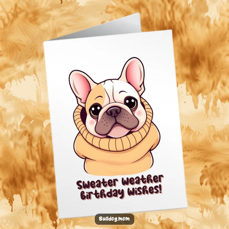 Funny Free Printable Birthday Card: Kawaii Bulldog peeking comically from a huge, oversized sweater, looking adorable.