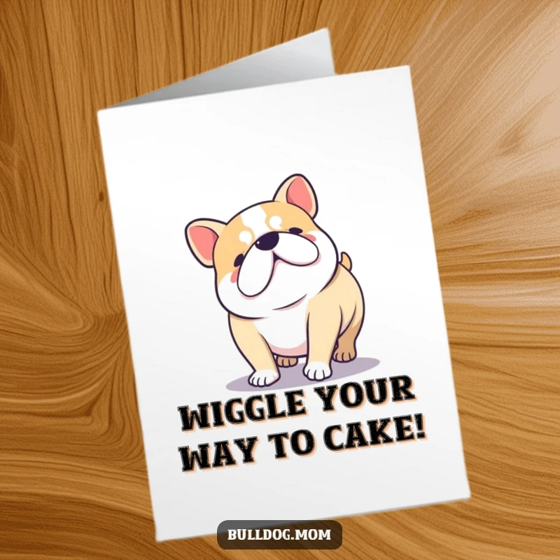 Funny Free Printable Birthday Card: Kawaii Bulldog doing a happy low wiggle, stubby legs, pure joy, party vibe.