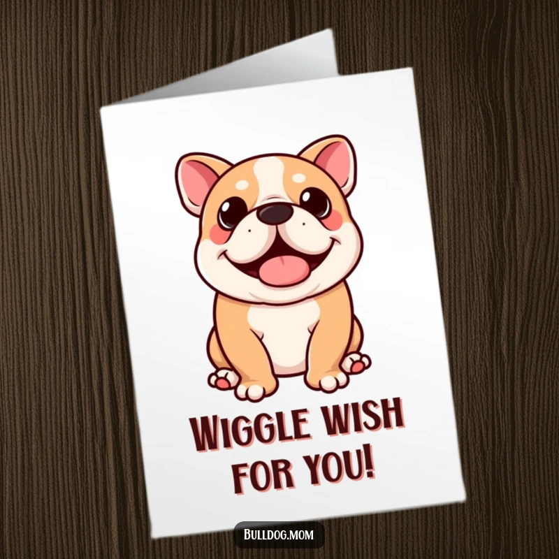 Funny Free Printable Birthday Card: Kawaii bulldog doing a full-body happy wiggle, tail wagging wildly.