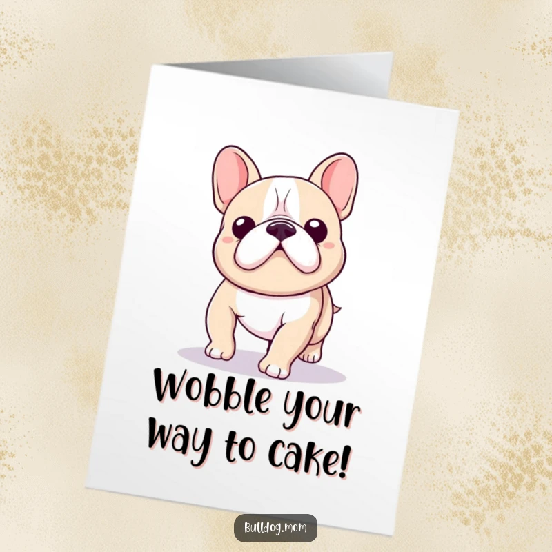 Funny Free Printable birthday card of a kawaii bulldog wobbling adorably as it walks, full of playful energy. A chuckle-worthy card.