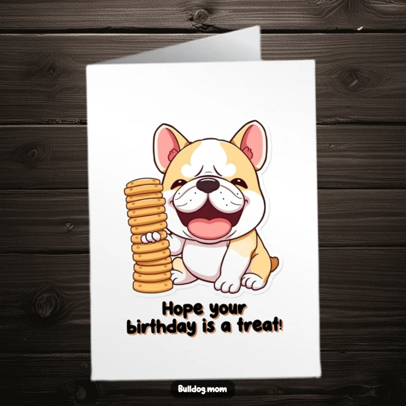 Funny Free Printable Bulldog Birthday Card: Kawaii dog laughs while trying to balance a tall stack of biscuits.