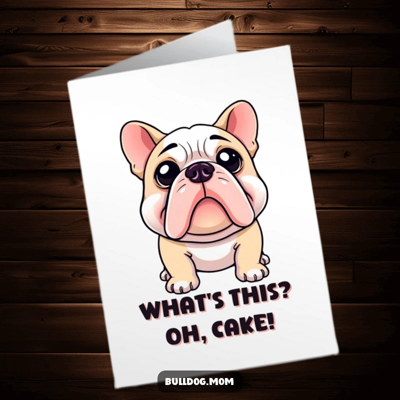 Funny Free Printable Bulldog Birthday Card: A bulldog tilts its head inquisitively, examining a birthday gift with wide, curious eyes.