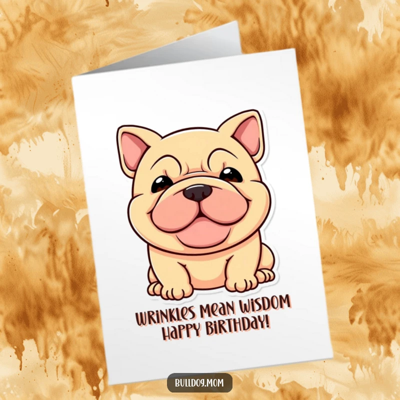 Funny Free Printable Birthday Card featuring a stocky dog with a super happy, wrinkled face, ready to party.