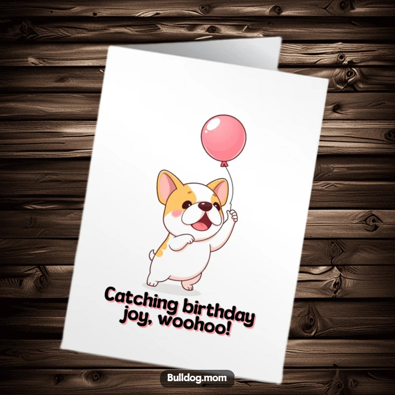 Funny Free Printable Birthday Card: Kawaii bulldog excitedly leaping to catch a colorful floating balloon.
