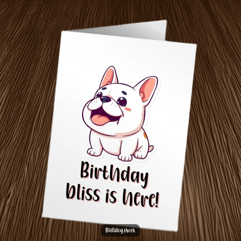 Funny Free Printable Birthday Card: Bulldog looking upwards with a happy, contented sigh, embracing joy.