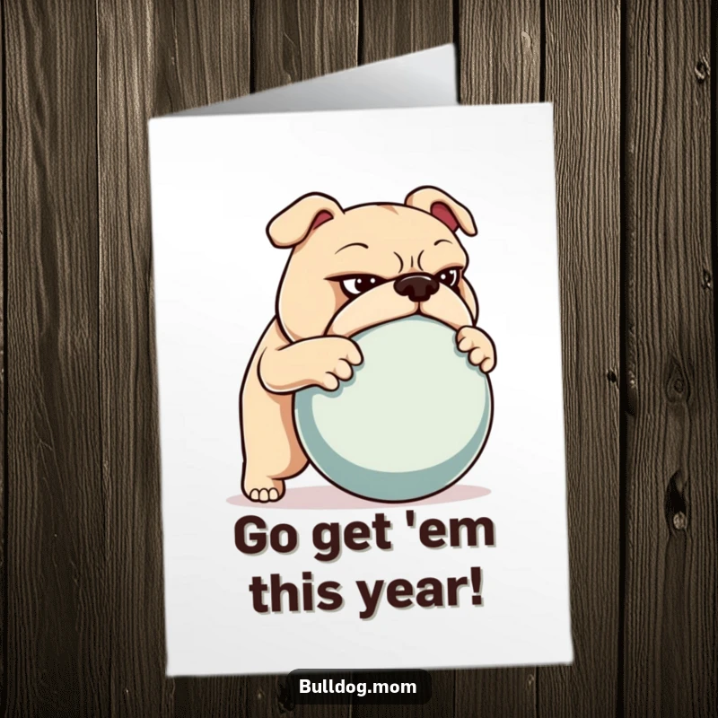 Funny Free Printable Birthday Card: A determined bulldog pushing a very large ball forward.