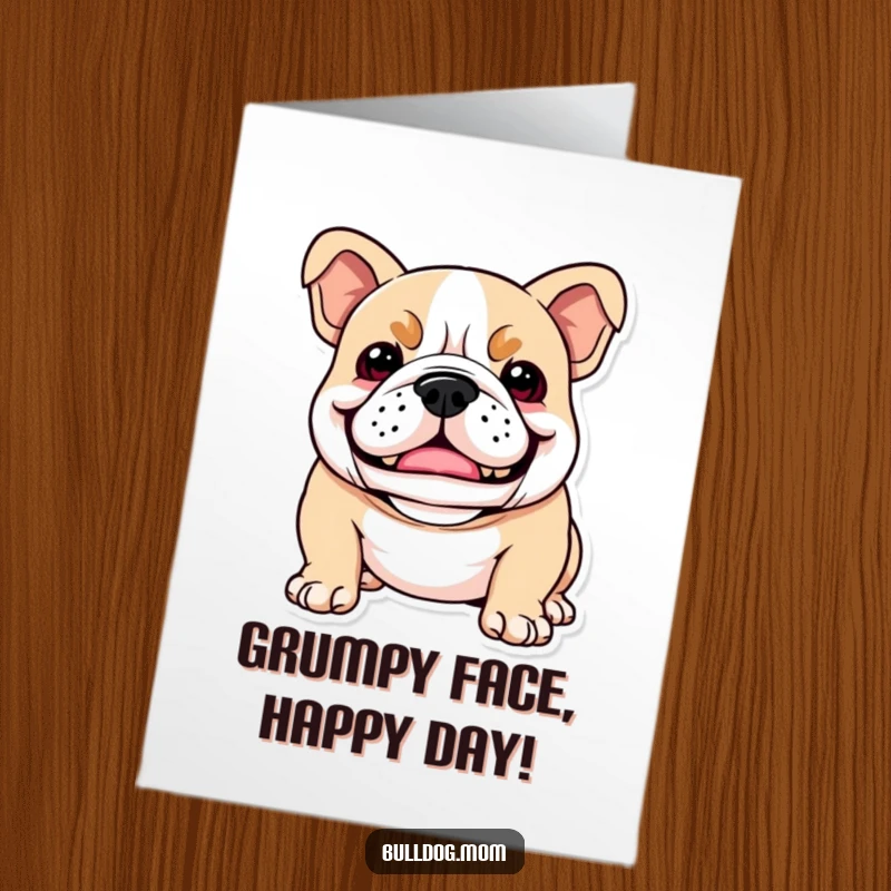 Funny Free Printable Birthday Card showcasing a kawaii bulldog with a mischievous, toothy grin that's pure happiness.