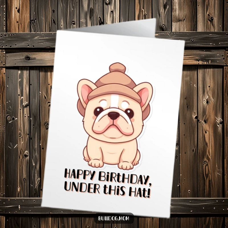 Funny Free Printable Birthday Card featuring a fluffy Bulldog pup peeking adorably from beneath a comically small hat.