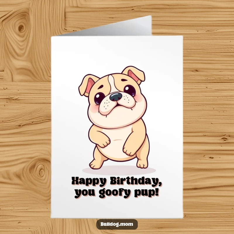 Funny Free Printable Birthday Card: Kawaii bulldog does a silly little shuffle dance, a hilarious DIY gift.