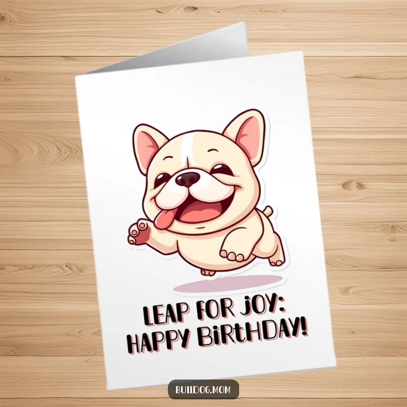 Funny Free Printable Birthday Card: Kawaii Bulldog captured mid-air during a clumsy, yet undeniably joyful, leap.