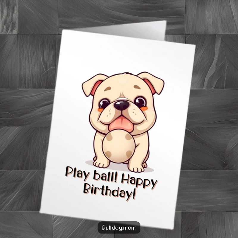 Funny Free Printable Birthday Card: Kawaii bulldog offering a slobbery ball with big, hopeful eyes, ready to play.