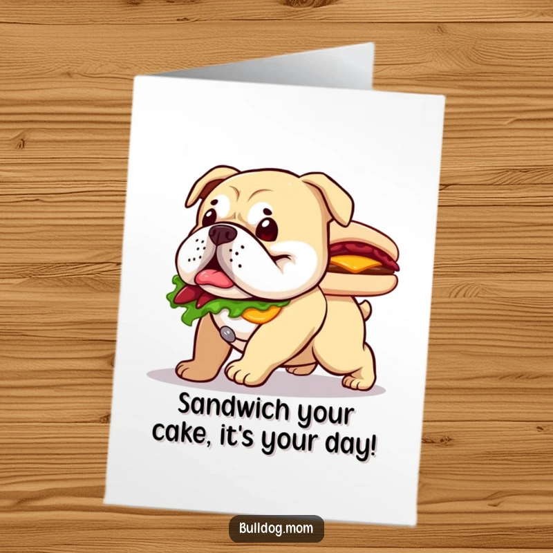 Funny Free Printable Bulldog Birthday Card: A determined bulldog happily waddling with a giant sandwich, bringing birthday cheer and laughter.