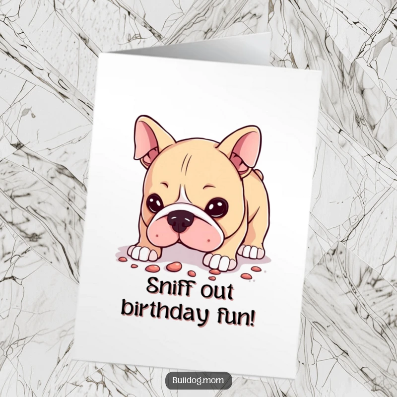 Funny Free Printable Birthday Card of a kawaii bulldog intently sniffing the ground, curious about an interesting scent.