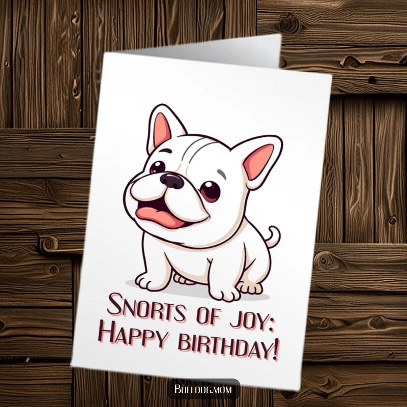 Funny Free Printable Birthday Card: Kawaii Bulldog with a happy snort and a furiously wagging stubby tail.