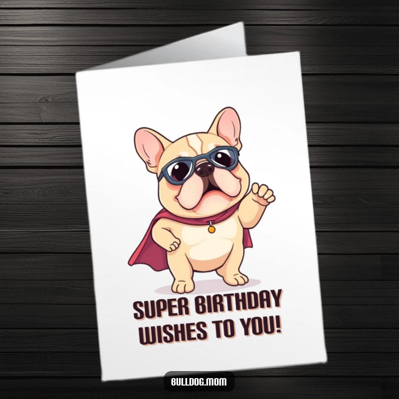 Funny Free Printable Birthday Card of a kawaii bulldog wearing a tiny superhero cape and striking a heroic, funny pose.