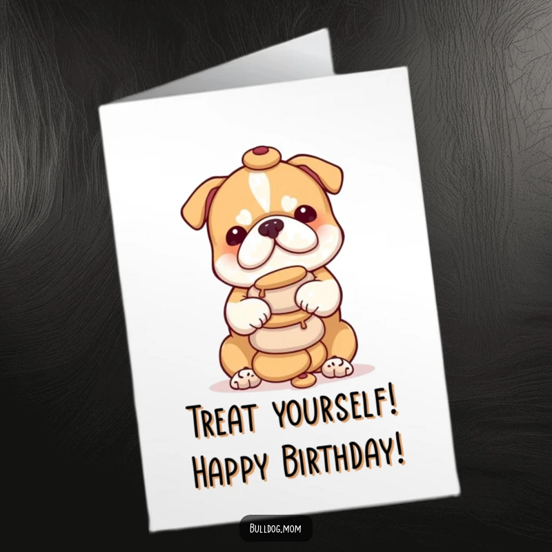Funny Free Printable Birthday Card featuring a playful bulldog cub precariously balancing a tall stack of round treats.