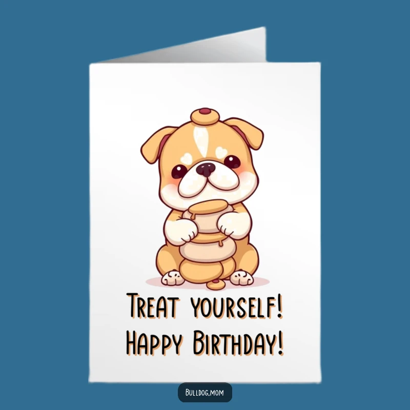 Free Printable Birthday Card: Funny Bulldog Cub Treat Tower, Perfect Playful Puppy Gift