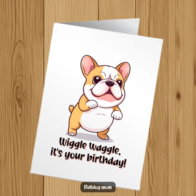 Funny Free Printable Birthday Card of a kawaii bulldog doing a wiggly dance with its tail wagging enthusiastically.