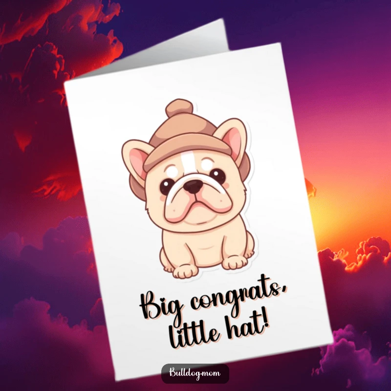Funny Free Printable Congrats Card showing a Bulldog pup peeking out from under a tiny hat, looking triumphant.