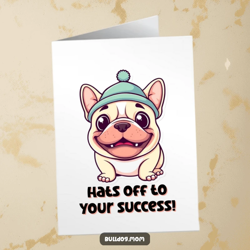 Free Printable Congratulations Card: Cute bulldog wearing a hat, grinning widely to share in the celebration.