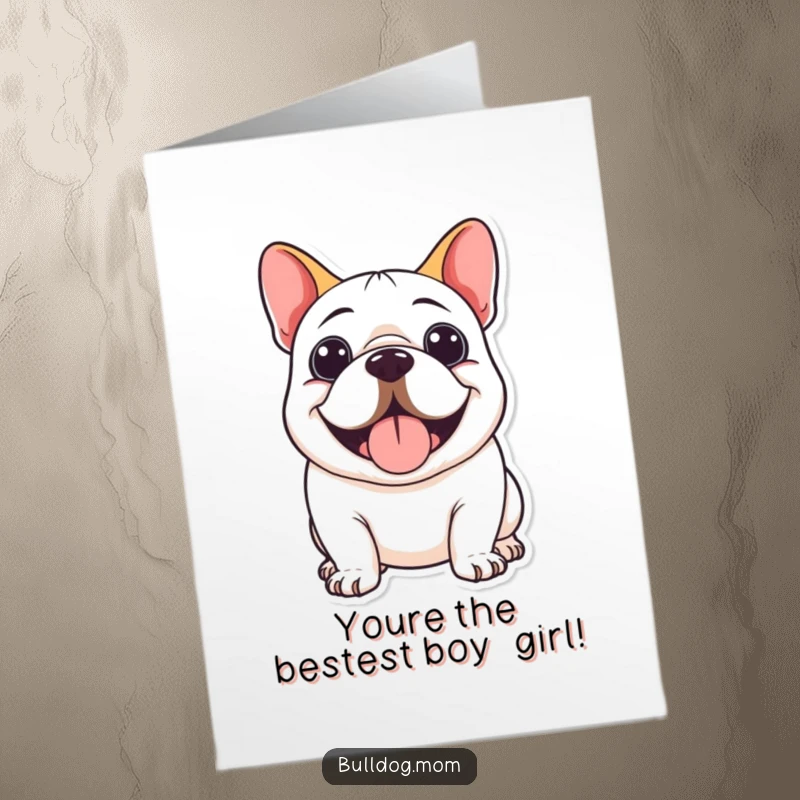 Funny Free Printable congratulations card depicting a kawaii bulldog with a big grin, celebrating success with infectious happiness. A cute token.