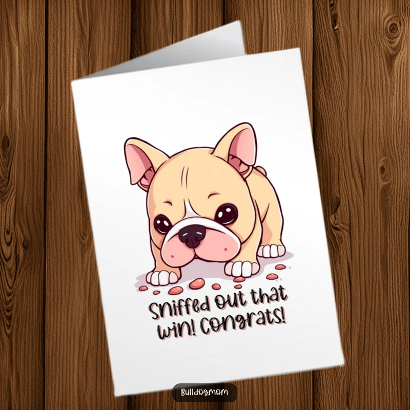 Funny Free Printable Congratulations Card of a kawaii bulldog curiously sniffing at a scent detected on the ground.