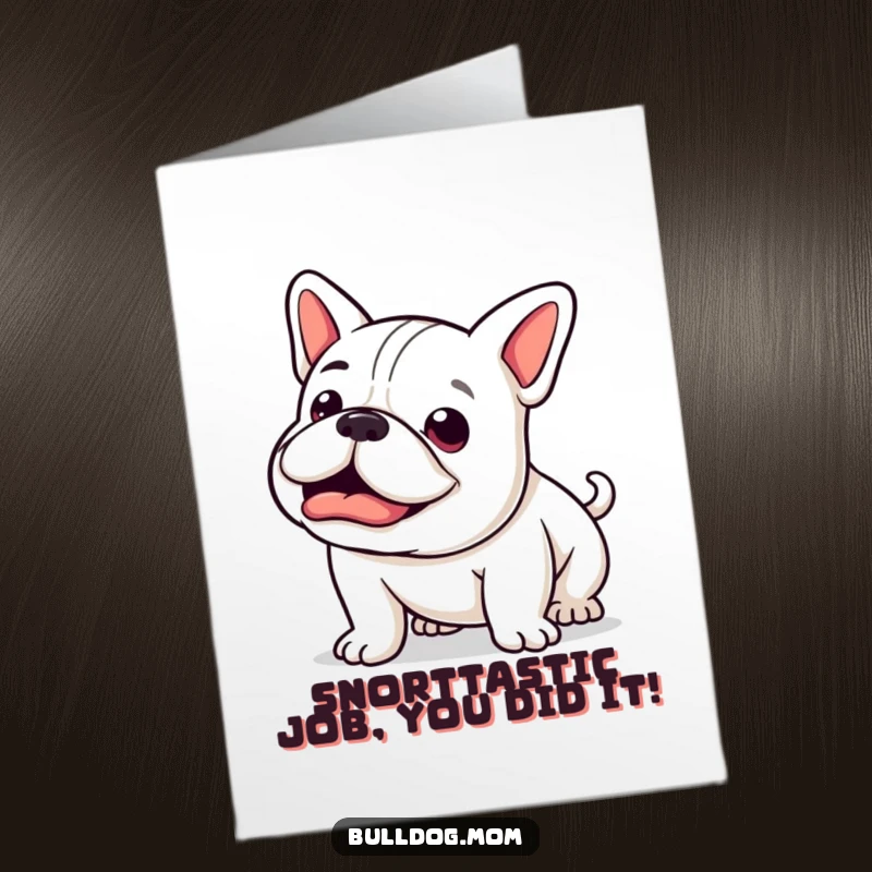 Funny Free Printable Congrats Card: Kawaii Bulldog letting out a happy snort, its stubby tail wagging with pure delight.