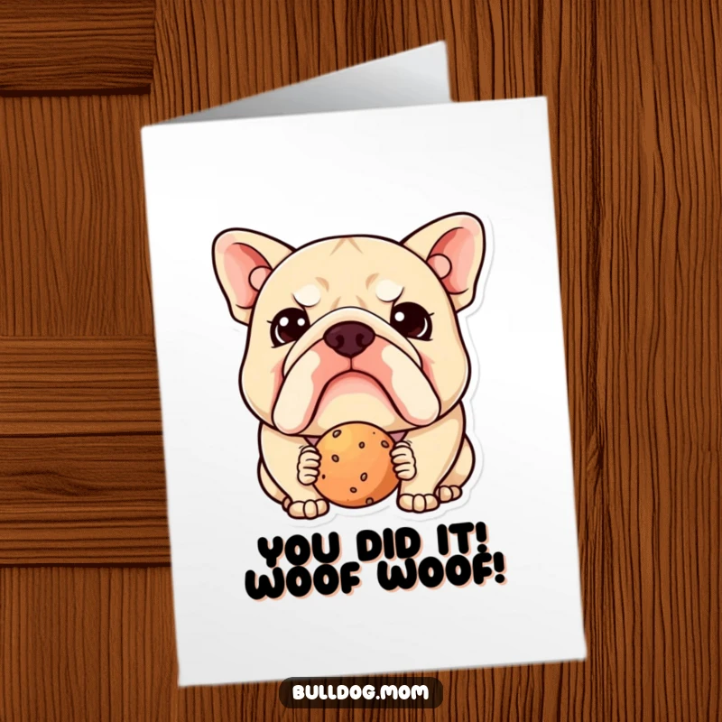 Funny Free Printable Congrats Card: Kawaii bulldog looking confused at a treat, perfect for celebrating any achievement.
