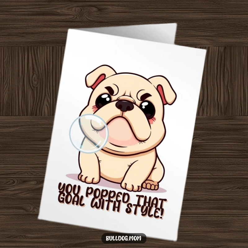 Funny Free Printable Bulldog Congratulations Card: Kawaii dog looks serious but cute, celebrating a big win.