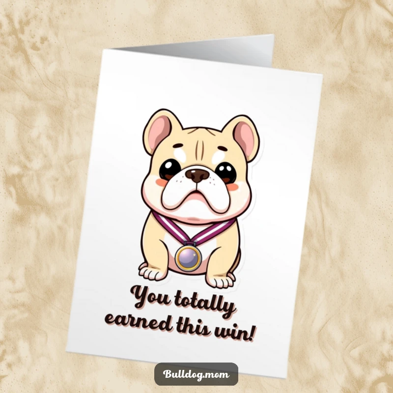 Funny Free Printable Bulldog Congratulations Card: A triumphant bulldog holding a shiny medal, cheering for success with a proud grin.