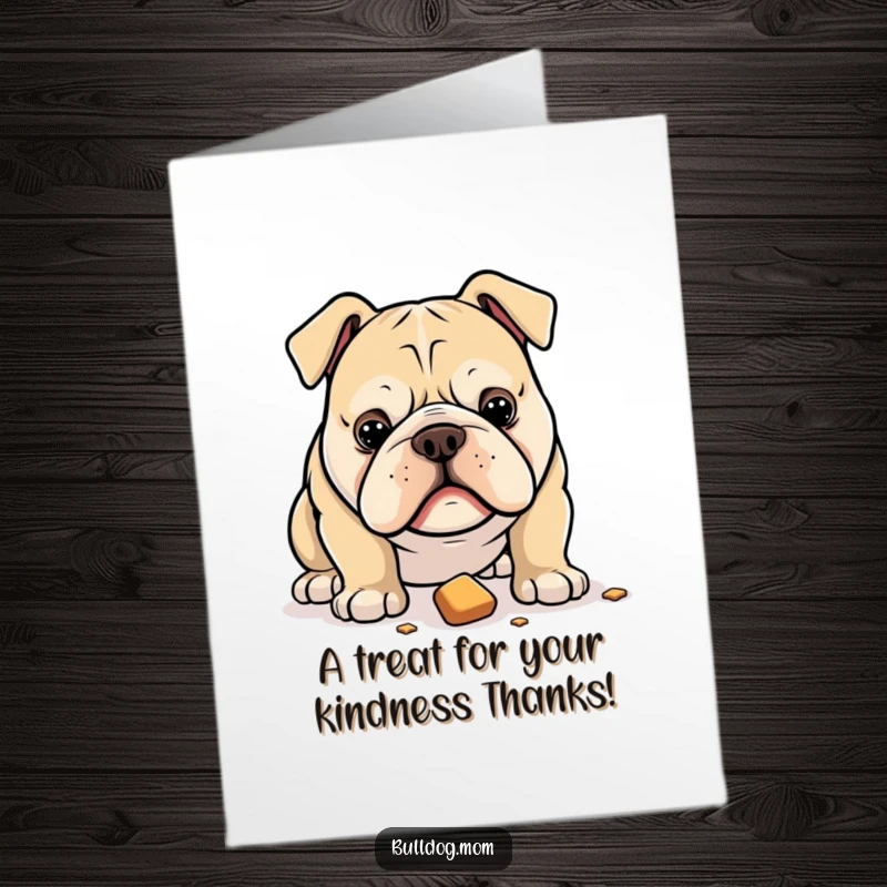 Funny Free Printable Thank You Card: A bulldog looking intently at a treat that has fallen on the floor.