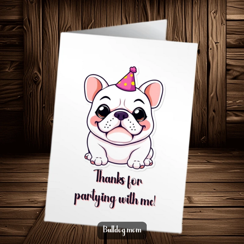 Funny Free Printable Bulldog Thank You Card: Kawaii dog in a party hat grins goofily, expressing thanks.