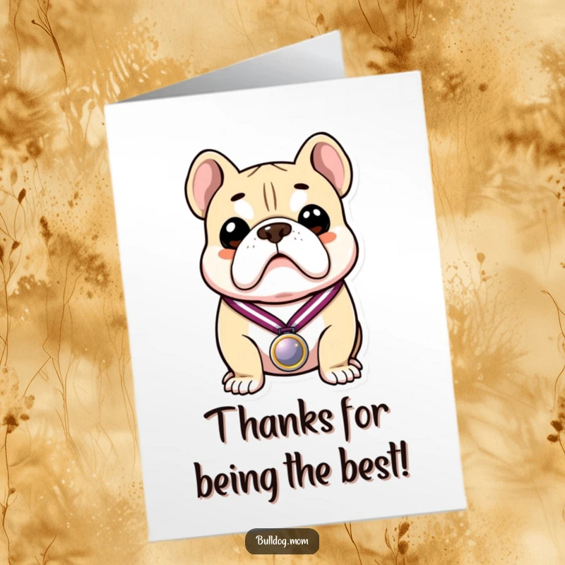 Funny Free Printable Bulldog Thank You Card: A bulldog proudly displays a medal, offering sincere thanks with a happy, proud expression.