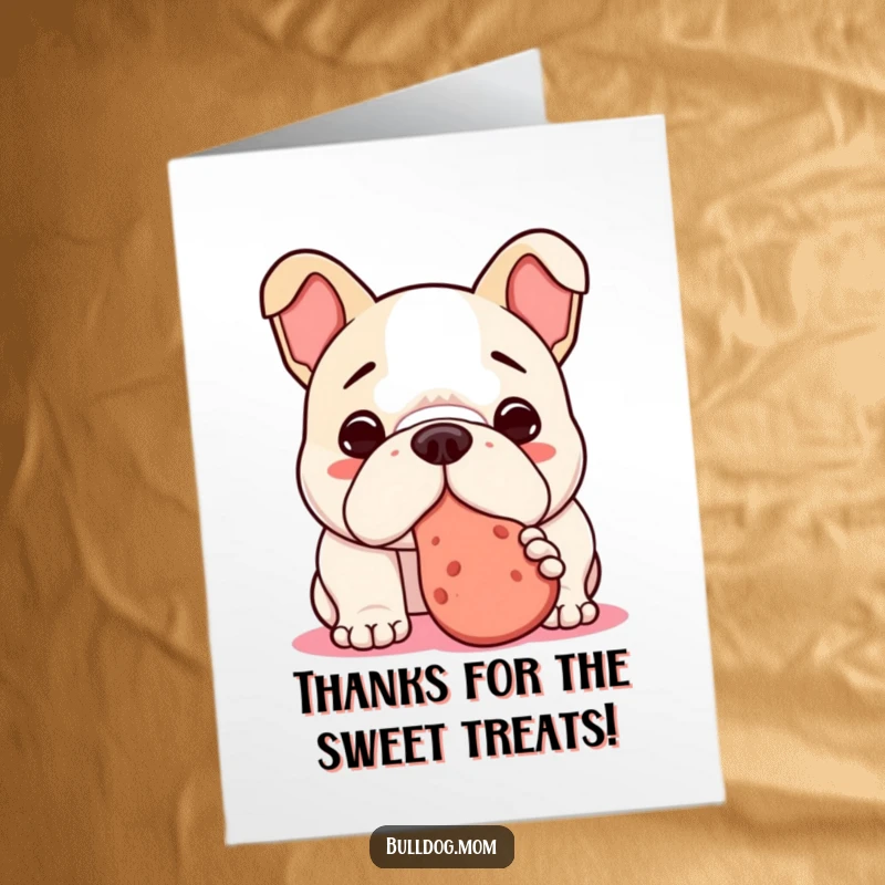 Funny Free Printable Thank You Card: A kawaii bulldog nudging a treat with its nose, conveying thanks humorously.
